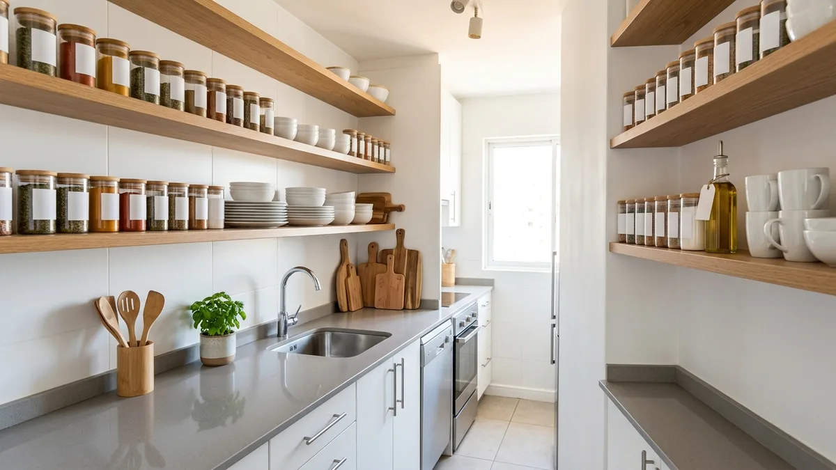 Open wall-mounted kitchen shelves with labeled glass spice jars, ceramic dishes, and cutting boards