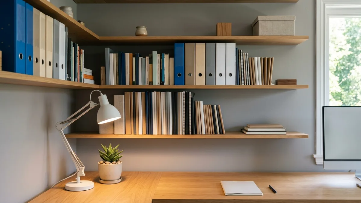 Wall-mounted L-shaped shelves in home office with books, binders, succulent plant, and desk lamp