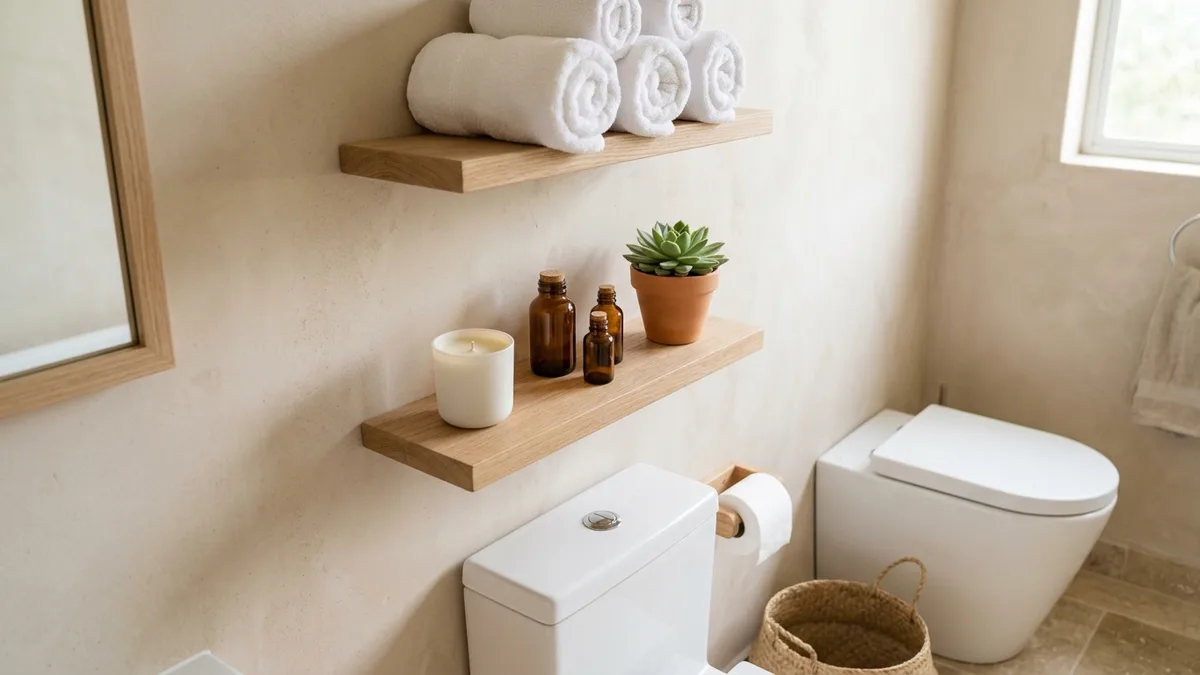 Narrow floating bathroom wall shelves above toilet holding rolled towels, glass toiletry bottles, and a small succulent plant