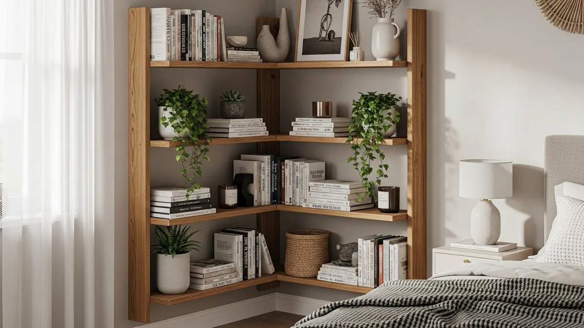 Corner shelf on wall ideas for bedroom storage and display
