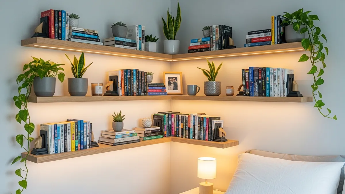 Bedroom corner shelf wall ideas with books and decorative items