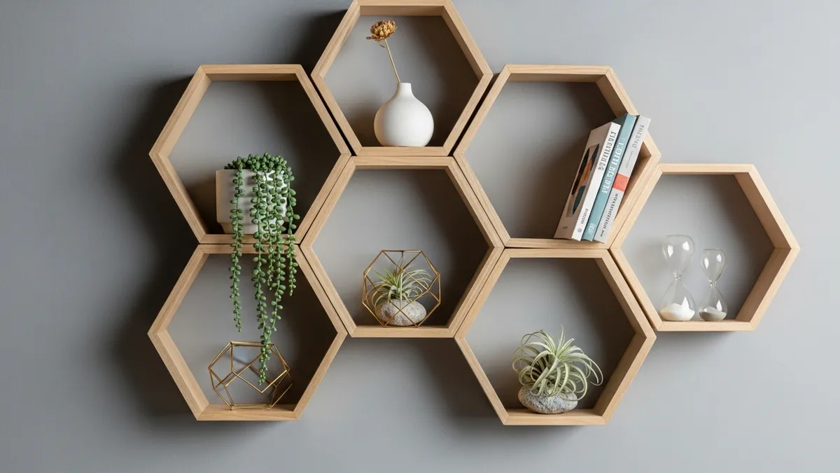 Geometric hexagonal wall shelves arranged in creative pattern for modern home decor