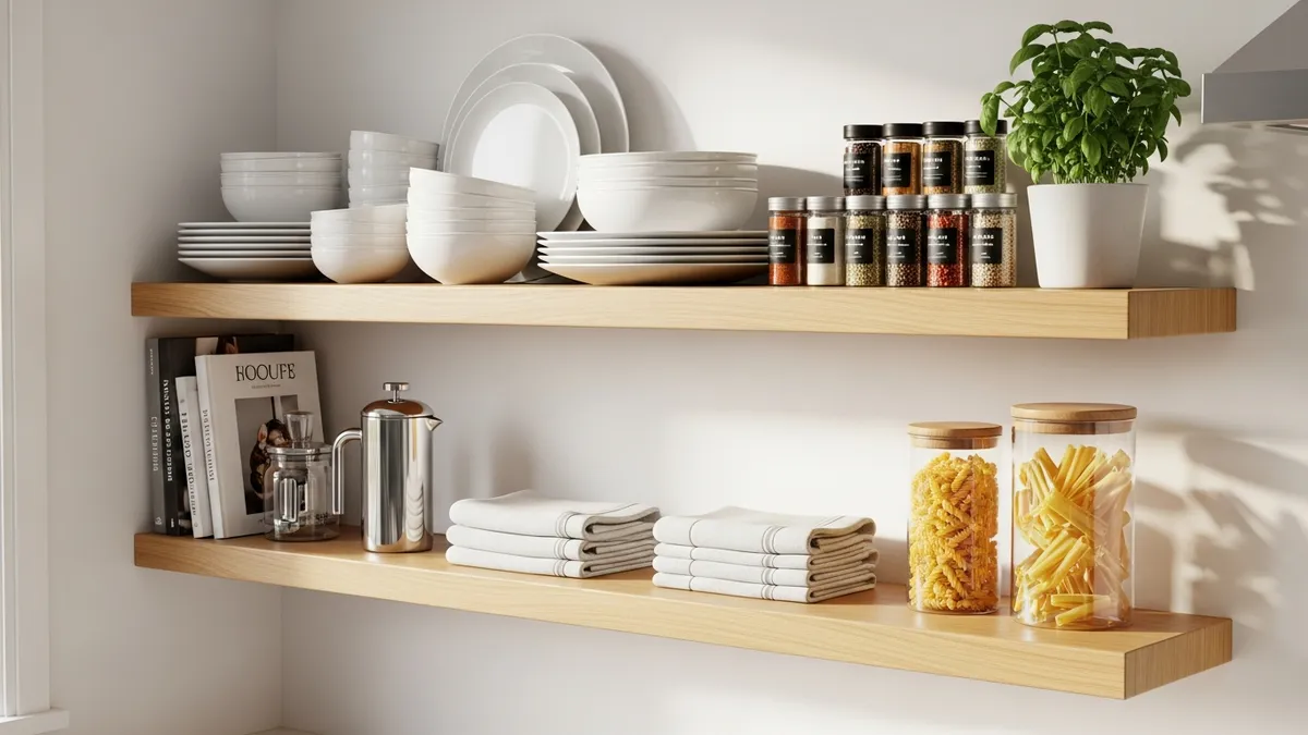 Kitchen wall shelves displaying organized dishes and cooking essentials
