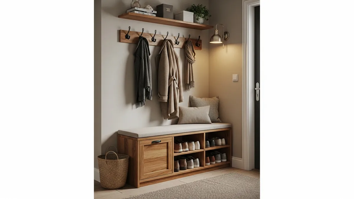 Entryway bench with hidden shoe storage compartments for organized shoe storage