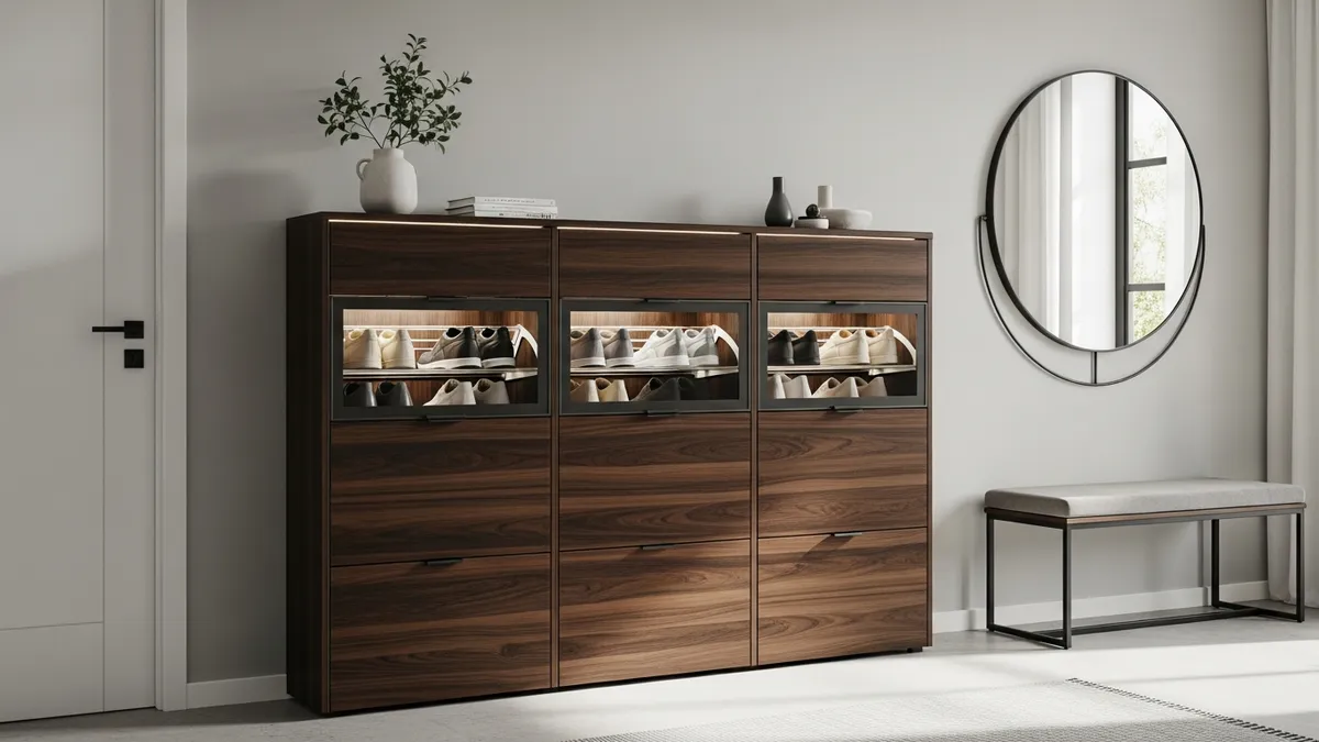 Modern shoe storage cabinet with compartments for organized entryway storage
