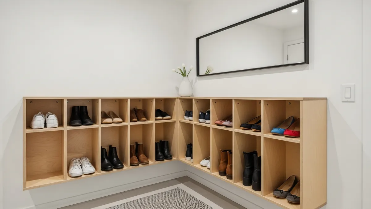 Wall-mounted shoe storage cubbies displaying organized entryway shoe storage ideas