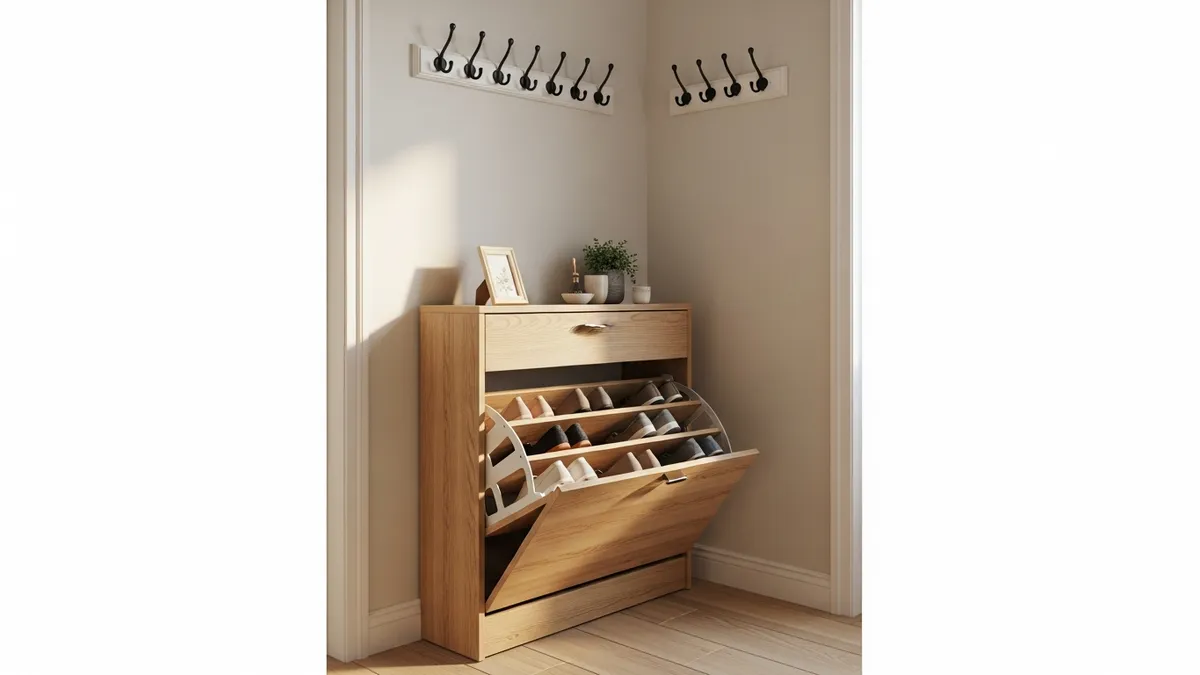 Slim narrow shoe storage cabinet with flip-down door in a small entryway hallway with organized shoes on angled shelves