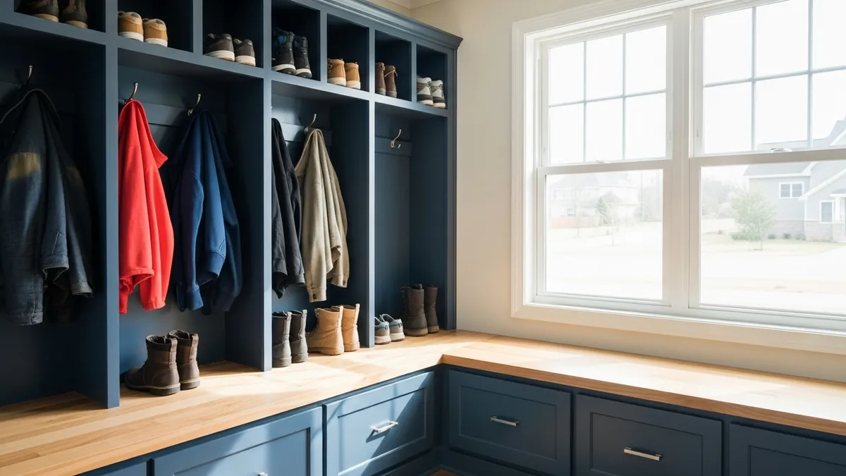 Built-in mudroom bench with navy blue shoe storage cabinet underneath and open cubbies for boots and sneakers