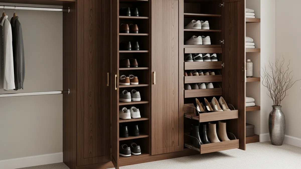 Tall dark walnut shoe storage cabinet with pull-out drawers and shelves in a walk-in closet with neatly organized shoes