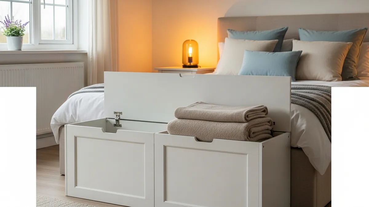 Bench-style shoe storage cabinet at the foot of a bed with lift-top compartments in a cozy American bedroom