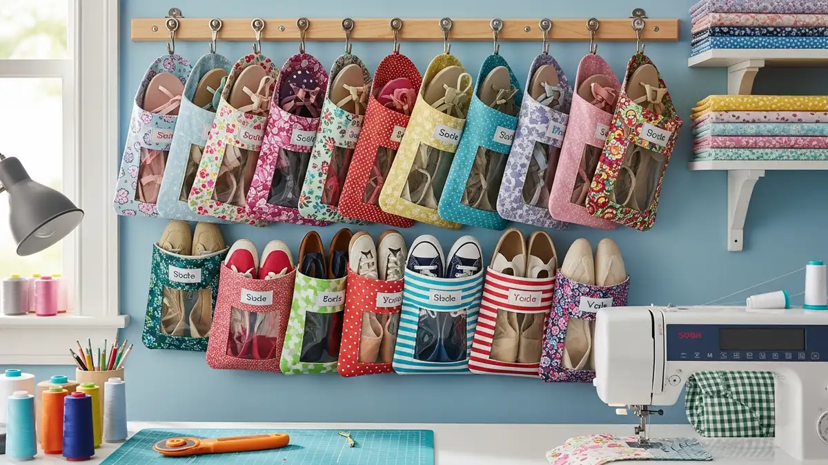 Handmade fabric shoe storage pouches hanging organization system for creative shoe storage