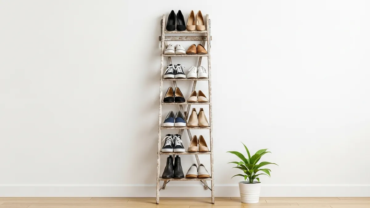 Repurposed ladder shoe storage rack displaying organized shoes in minimalist home setting