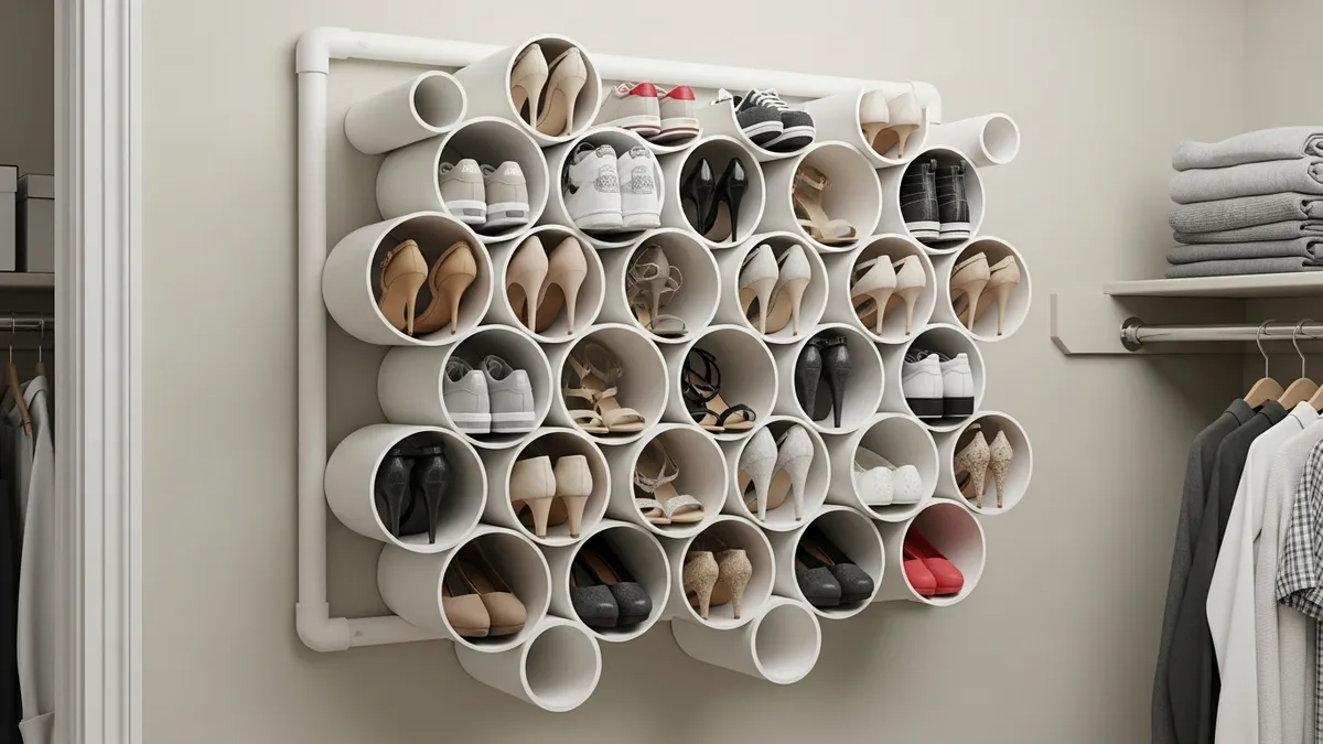 DIY PVC pipe shoe storage organizer mounted in organized closet for space-saving storage
