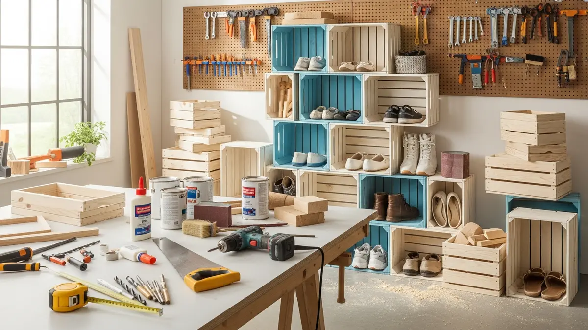 DIY wooden crate shoe storage project with tools and materials for home organization