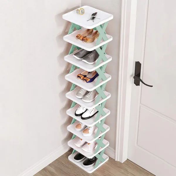 Narrow white shoe rack with mint brackets, nine tiers tall, standing in the corner beside a door and holding one pair of shoes on each tier. Photo: Sesoris product catalog