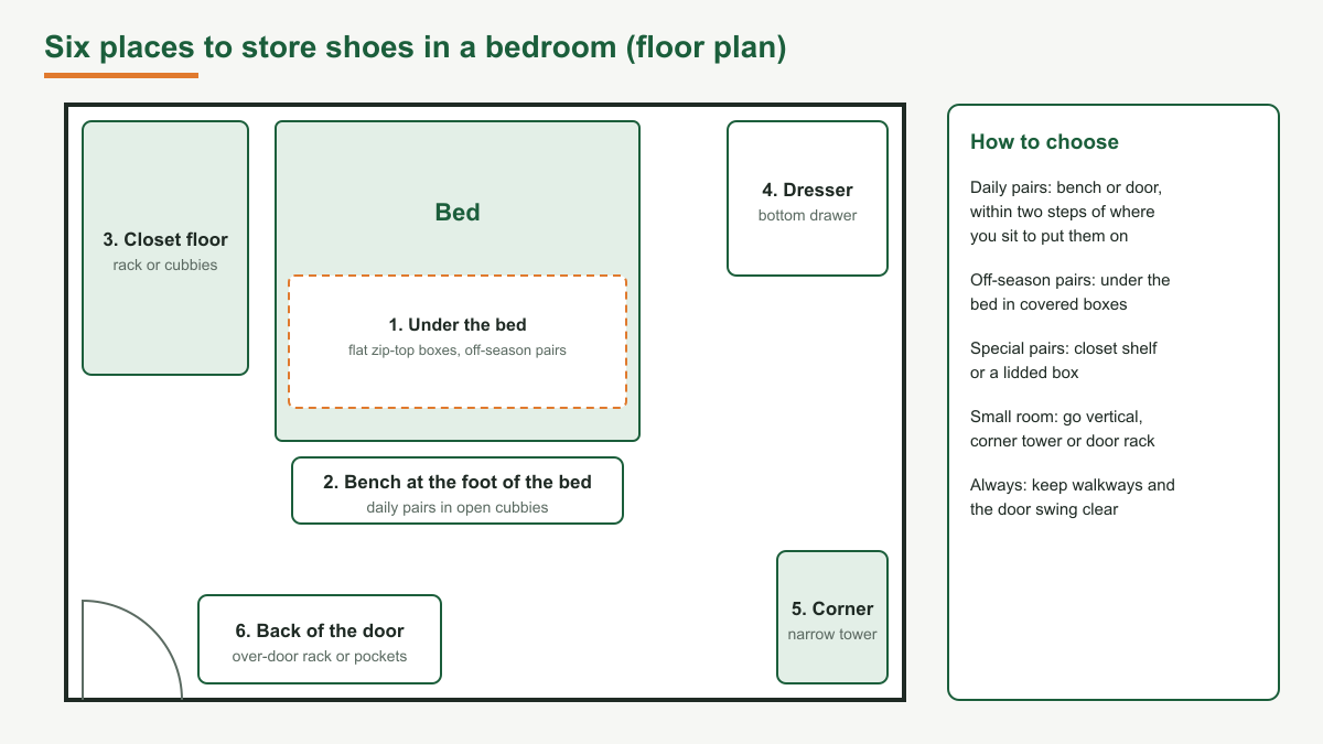 Floor plan of a bedroom showing six places to store shoes: under the bed, a bench at the foot of the bed, the closet floor, a dresser bottom drawer, a narrow tower in a corner and the back of the door