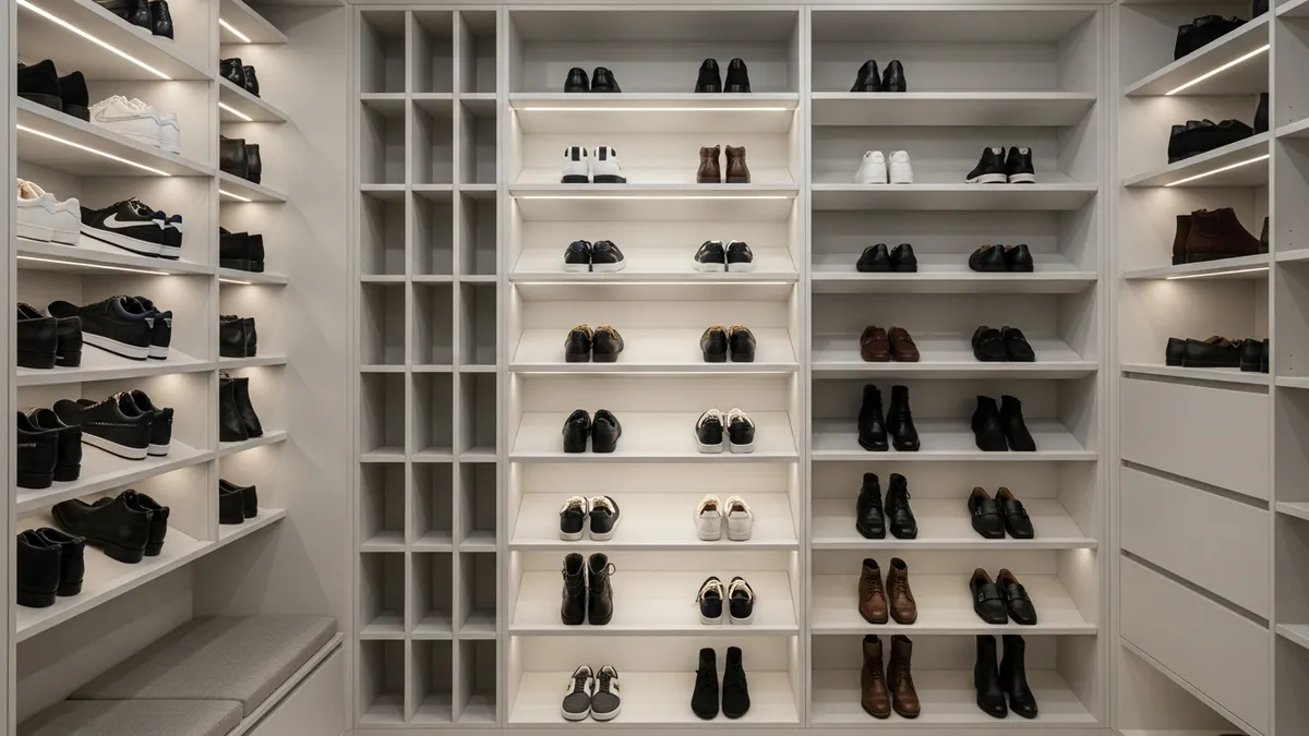Built-in shoe cubbies showcasing custom shoe storage ideas for closet organization