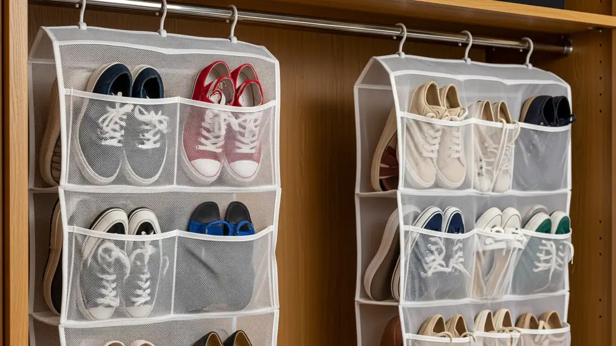 Hanging shoe organizers providing vertical shoe storage ideas for closet spaces
