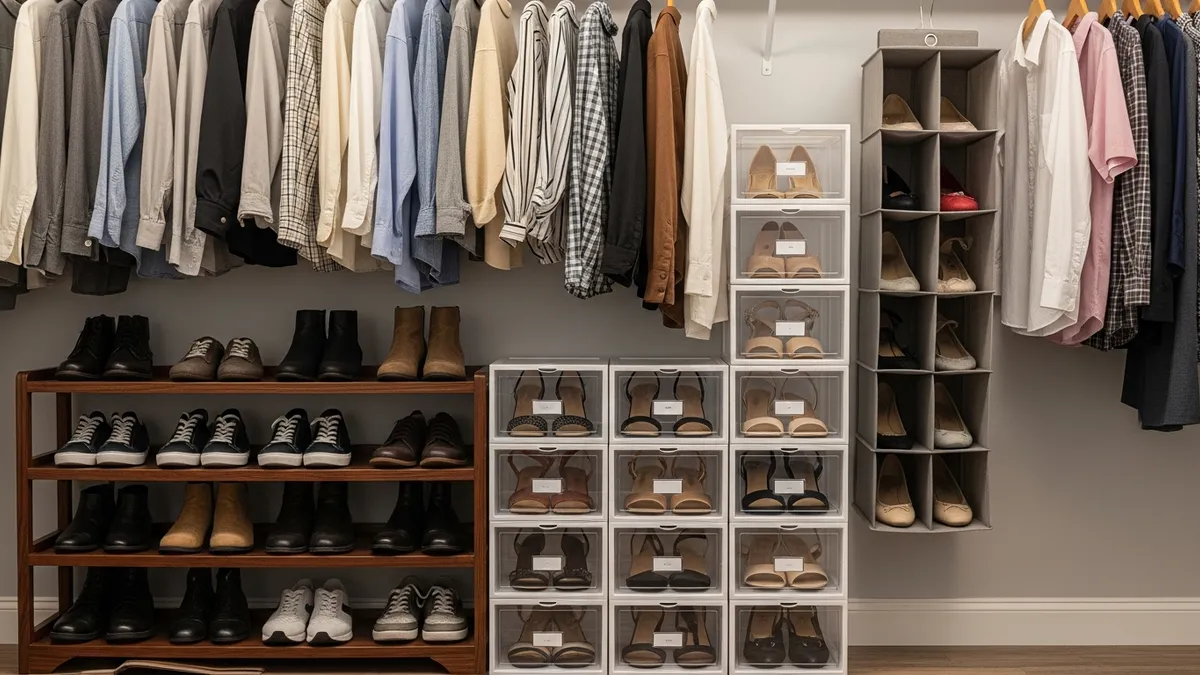 Under-hanging shoe storage demonstrating space-efficient shoe storage ideas for closet