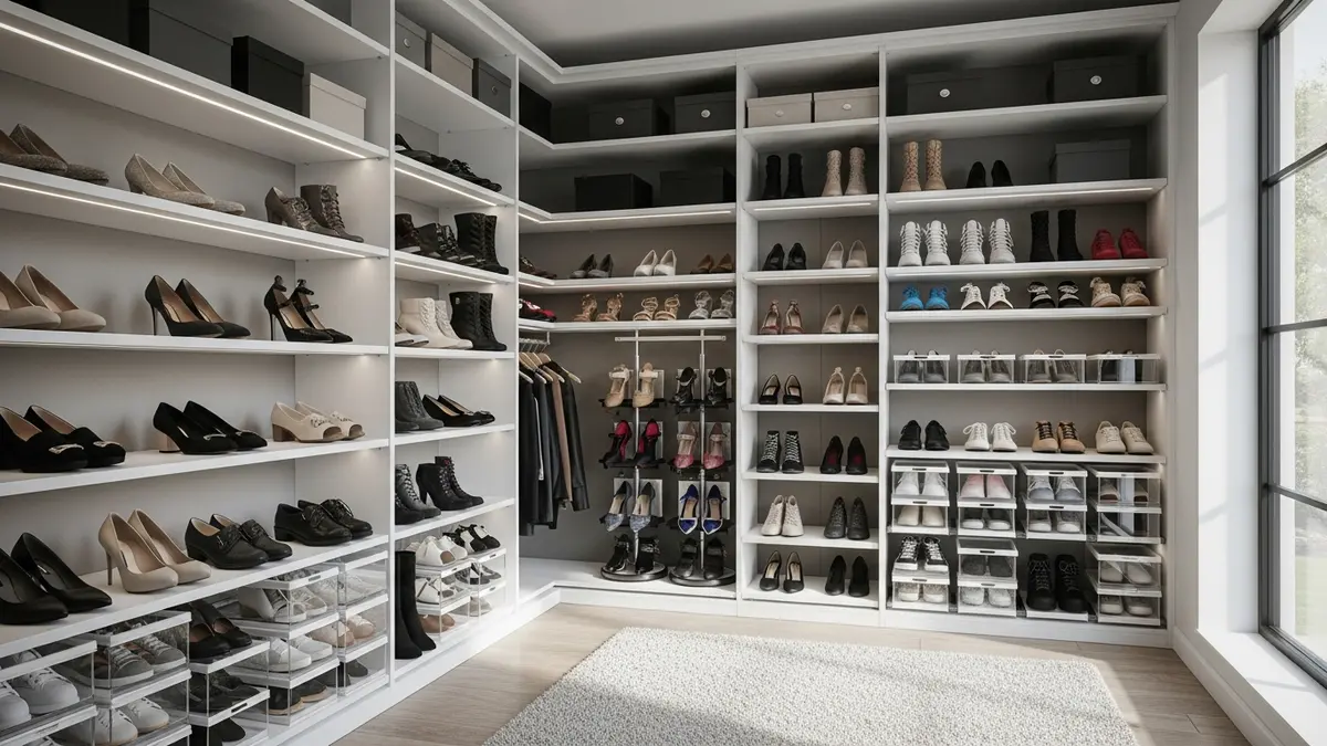 Creative shoe storage ideas for closets featuring organized shelving and modern wardrobe design