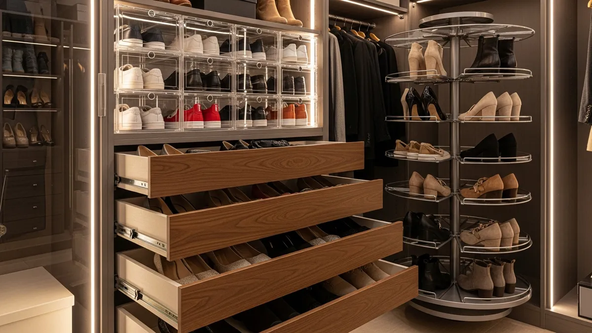 Built-in shoe storage solutions for closets with pull-out drawers and clear organizers