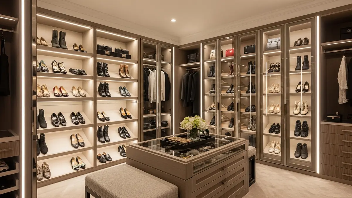 Luxury shoe storage ideas for closets with glass cabinets and LED lighting display