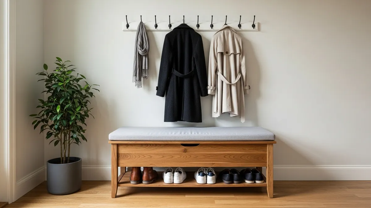 Entryway storage bench with hidden shoe compartments underneath