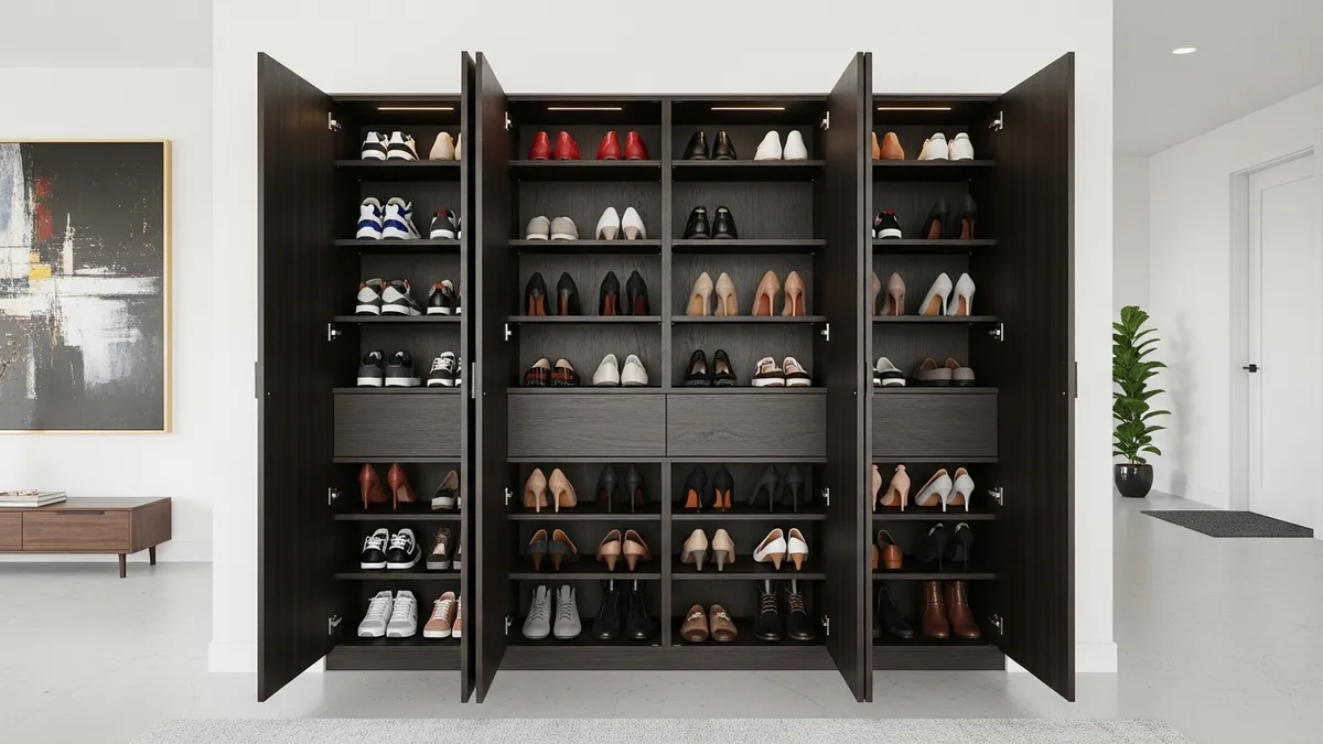 Entryway shoe cabinet storage with organized compartments for different footwear