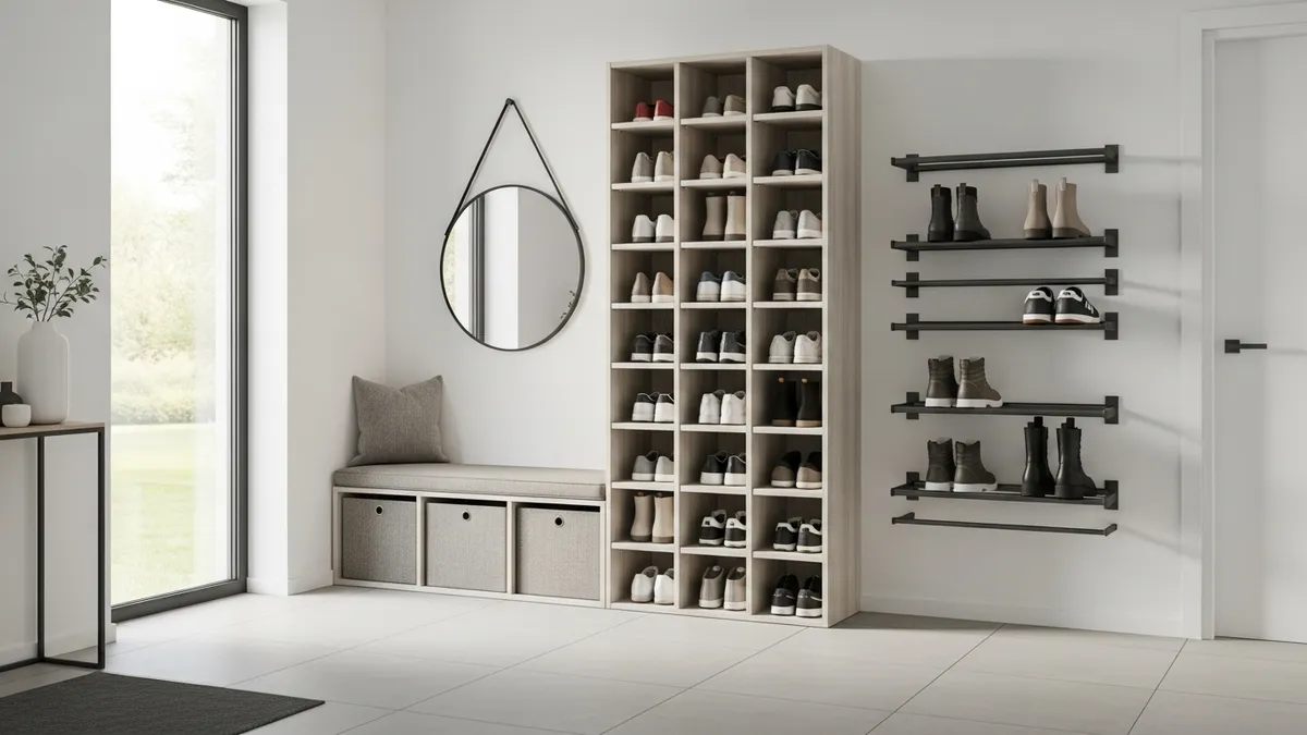 Modern entryway shoe storage ideas with organized cubbies and bench storage solutions