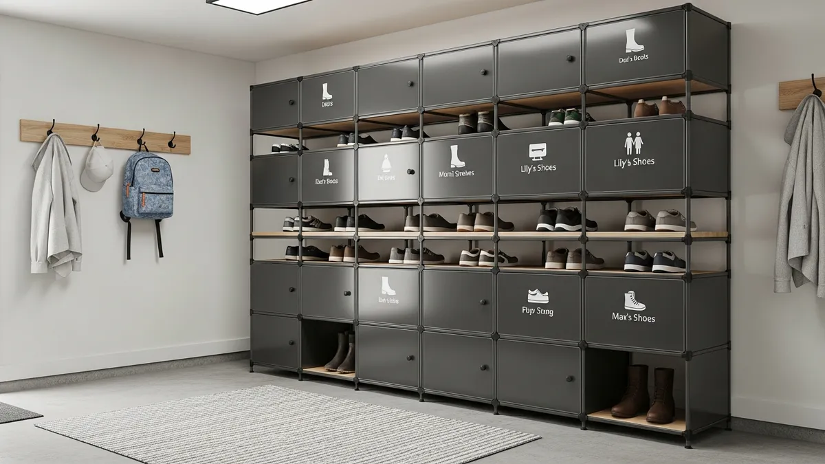 Cube storage system for garage shoe organization with labeled compartments