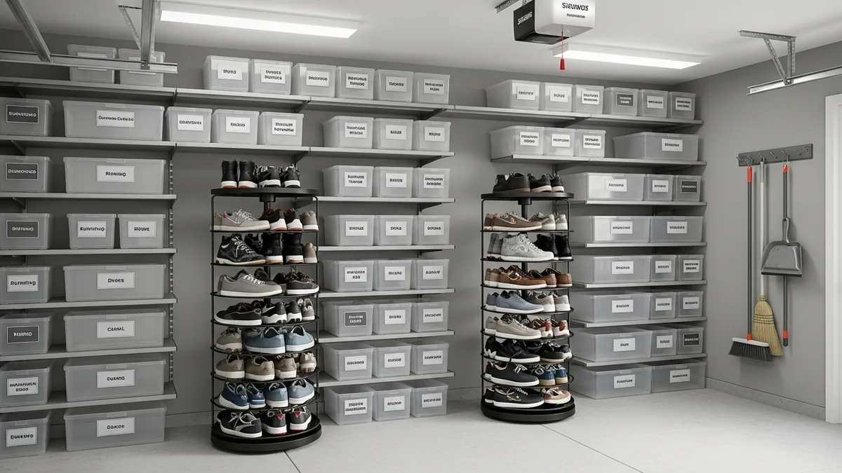 Seasonal shoe storage organization system for garage spaces