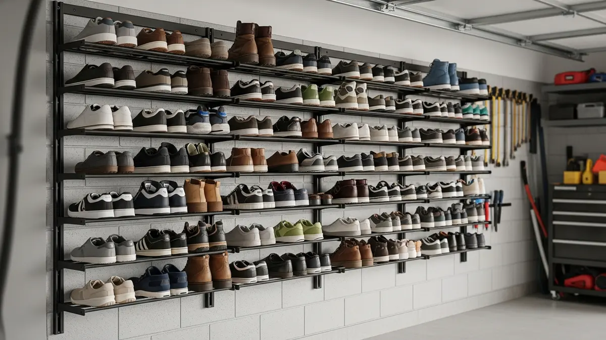 Wall-mounted shoe storage rack maximizing vertical garage space