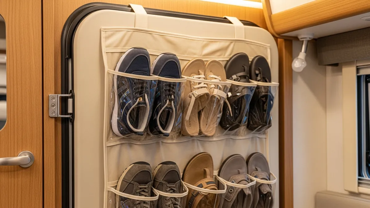 Over-door shoe organizer mounted inside RV door as a space-saving shoe storage solution