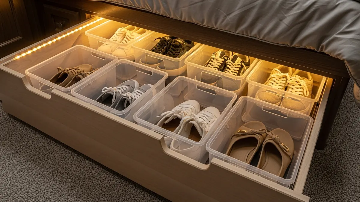 Under-bed shoe storage bins in an RV showing space-saving organization for mobile homes