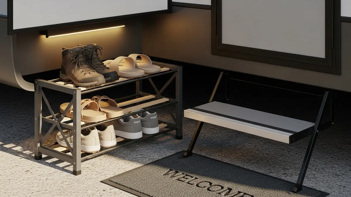 Collapsible compact shoe rack near RV entrance step for easy shoe storage in small spaces