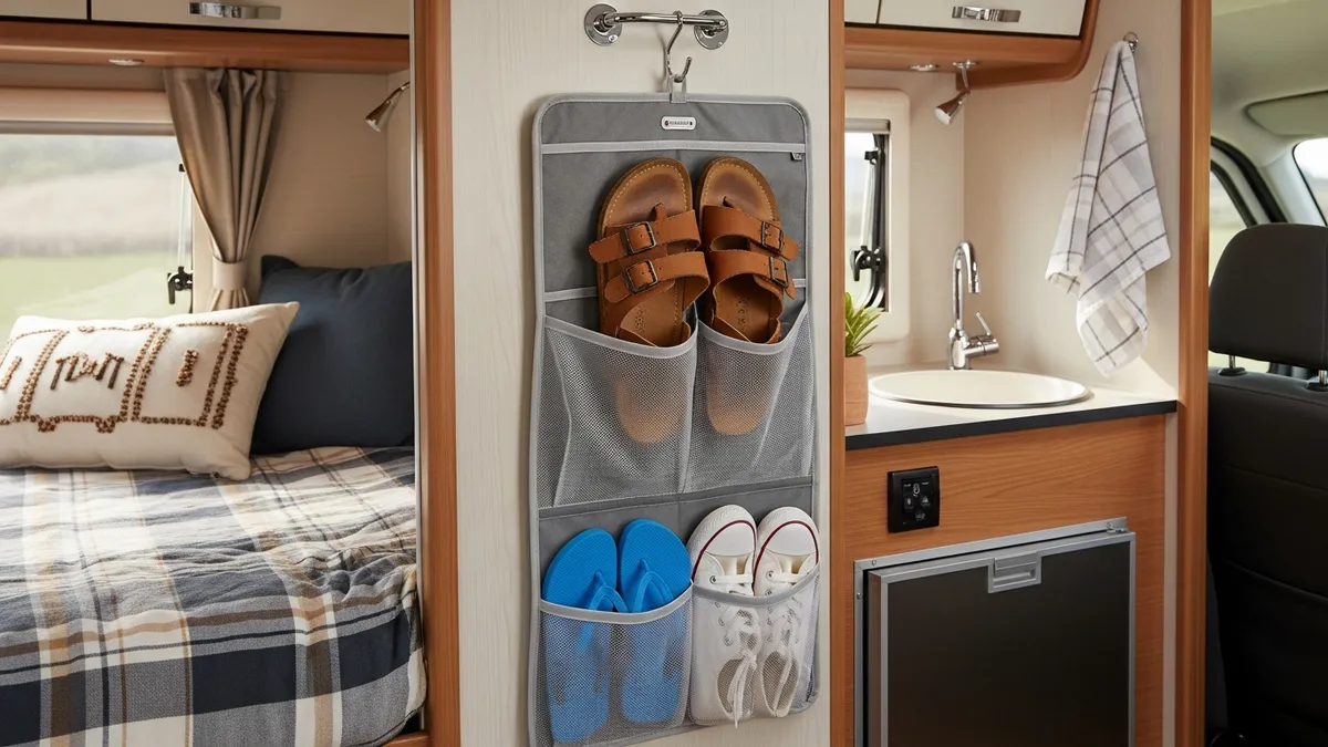 Hanging fabric shoe organizer on RV wall hook for compact and accessible shoe storage