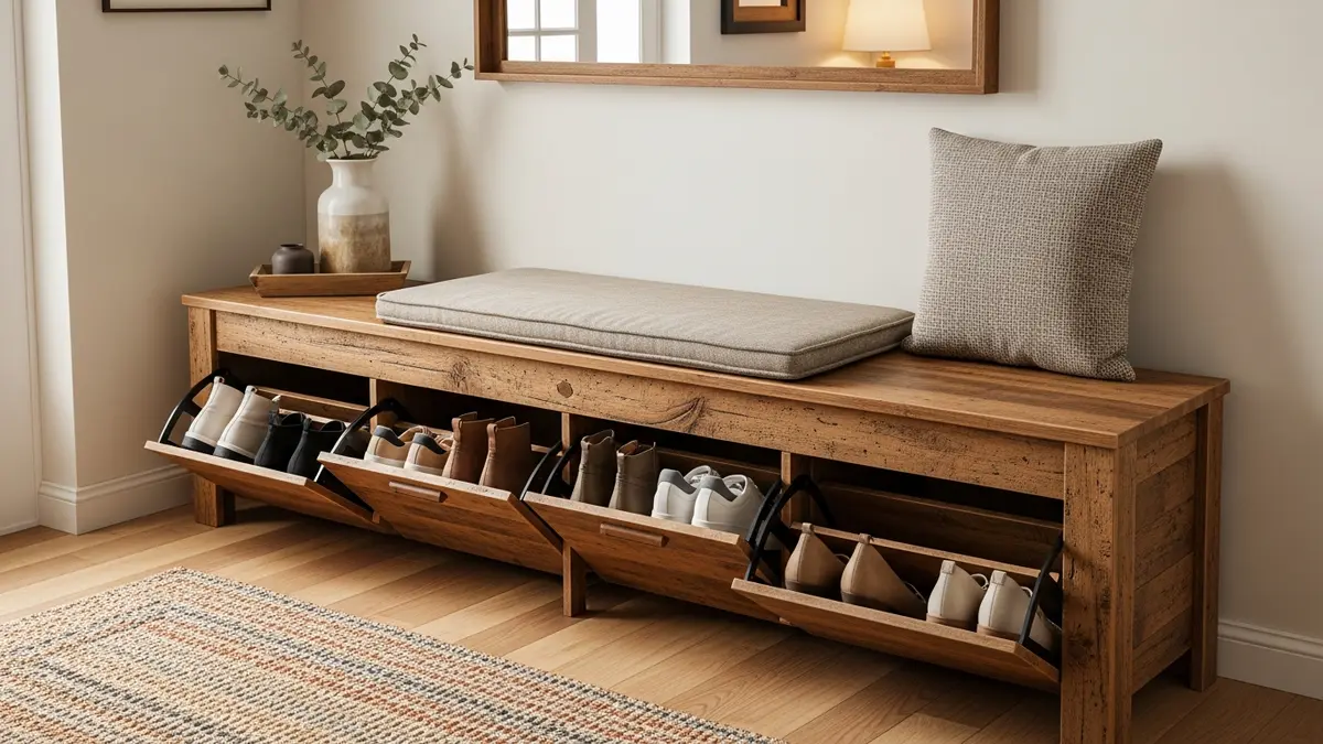 Entryway bench with hidden shoe storage compartments for small spaces