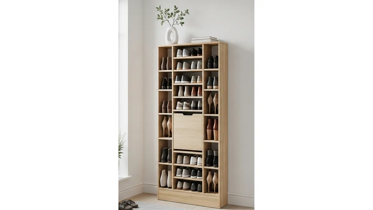 Vertical shoe storage cabinet maximizing wall space in small entryway