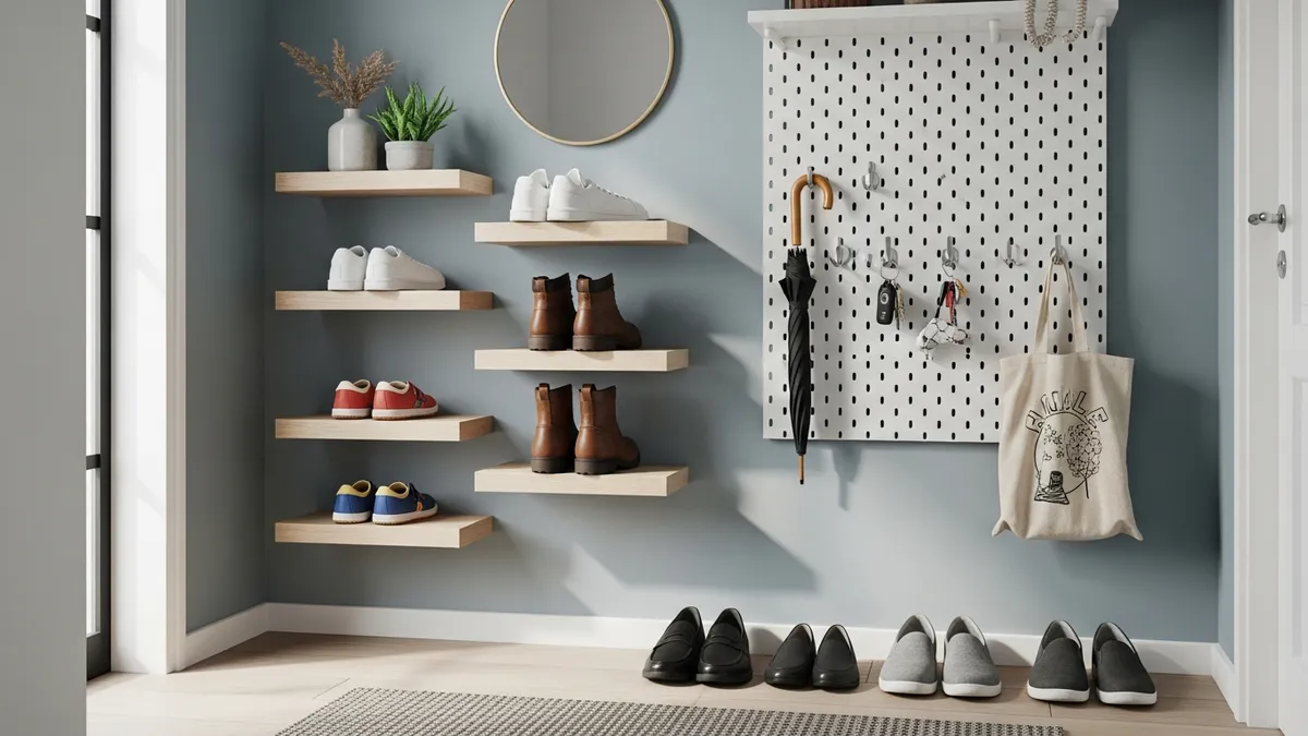 Wall-mounted shoe storage solutions maximizing vertical space in small entryway