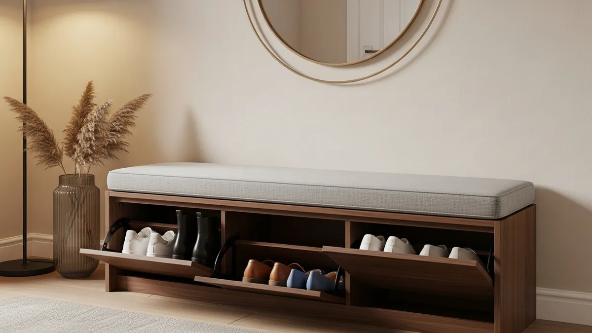 Hidden shoe storage bench for small entryways with compartments underneath cushioned seating