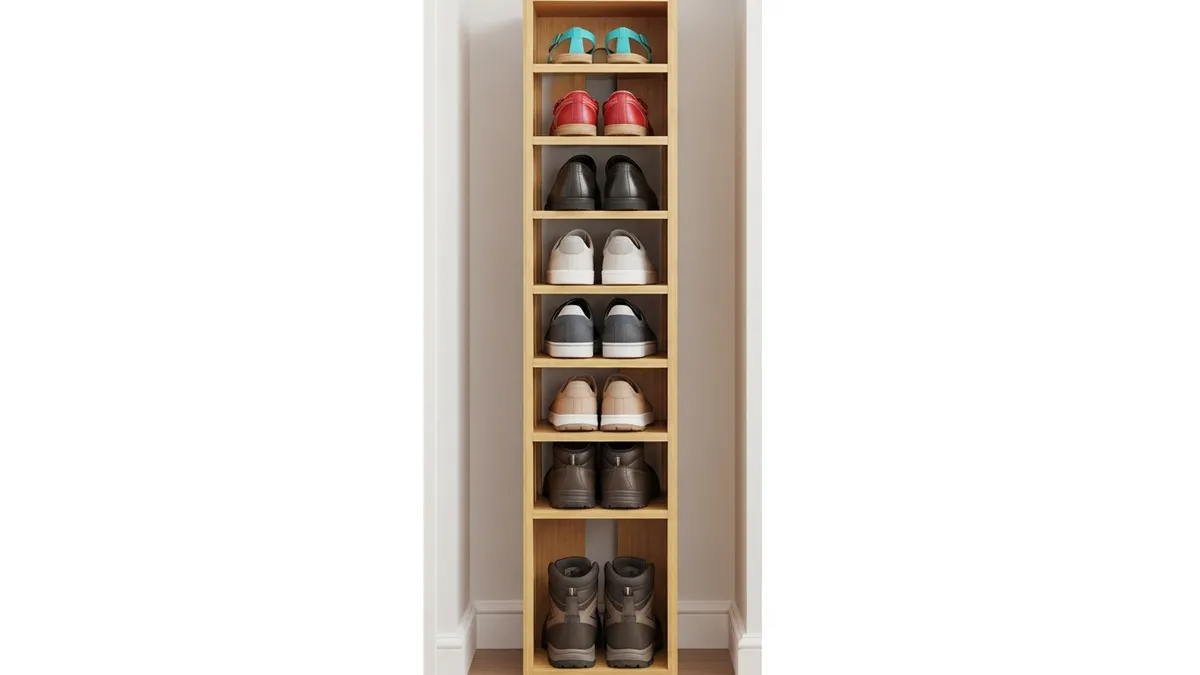 Vertical shoe storage tower maximizing small entryway space with multi-tier organization