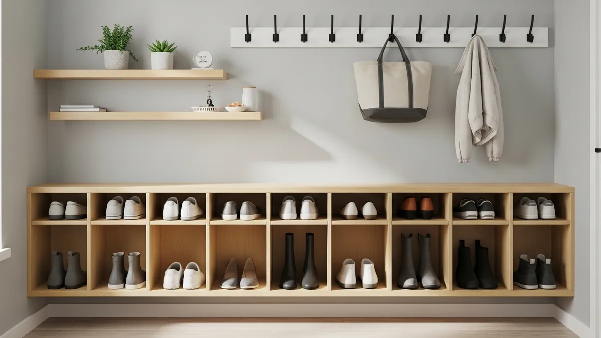 Wall-mounted shoe storage cubbies and shelves creating organized small entryway space