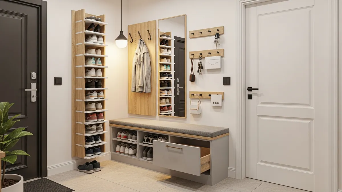 Creative shoe storage ideas for small space showing vertical racks and wall-mounted organizers in modern entryway