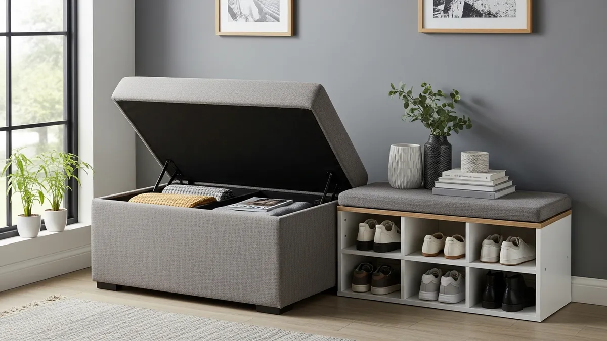 Multi-purpose shoe storage furniture combining seating and organization in small spaces