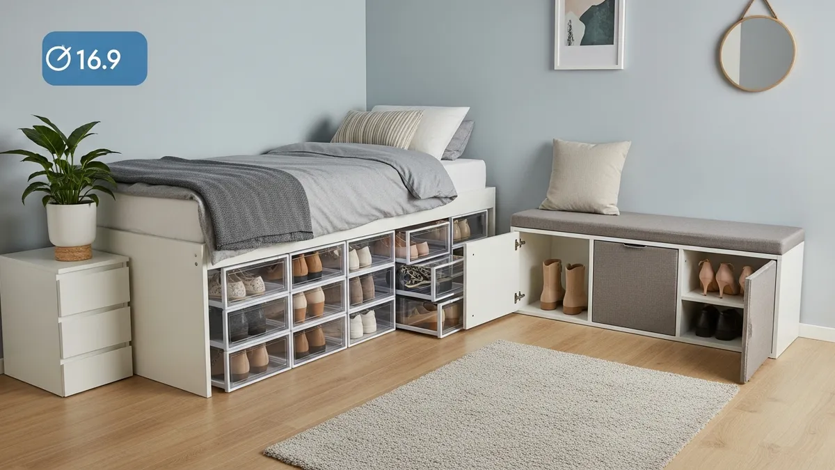 Under furniture shoe storage ideas showing hidden compartments and pull-out organizers