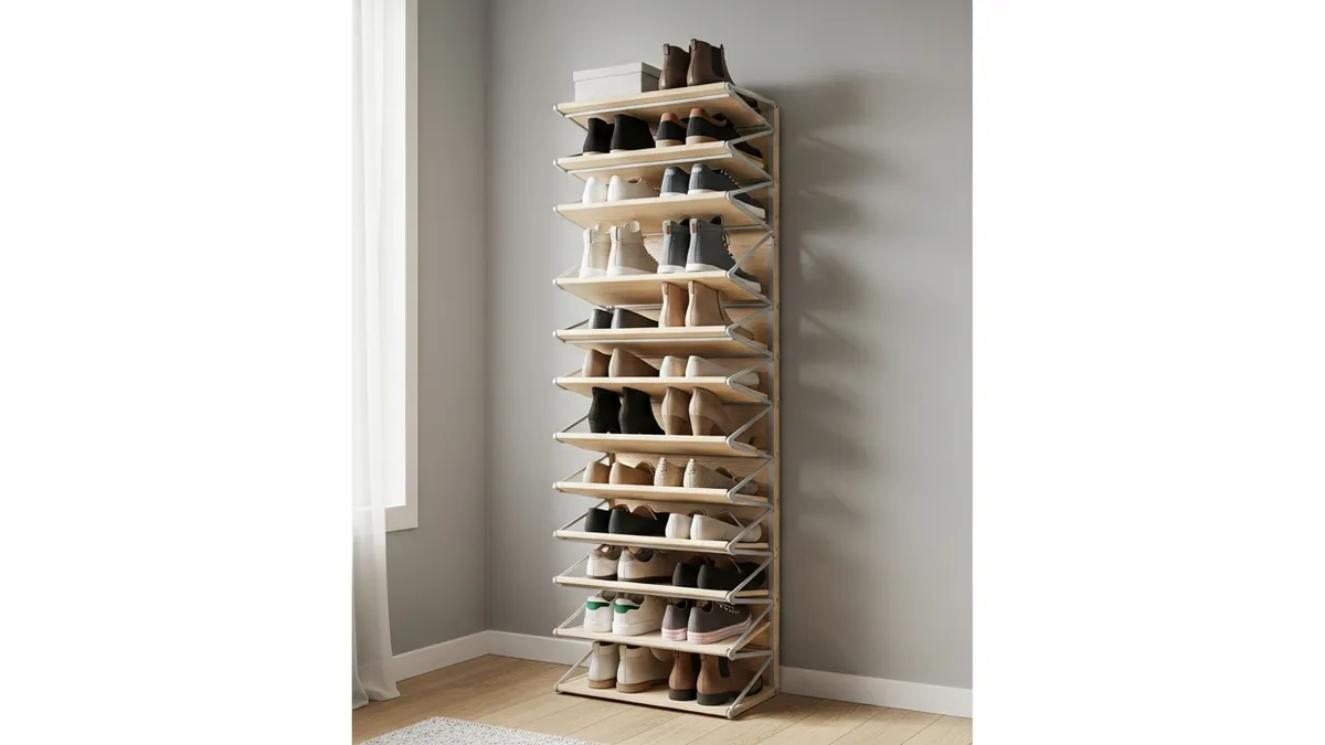 Vertical shoe storage solutions maximizing small space with tall narrow shoe tower