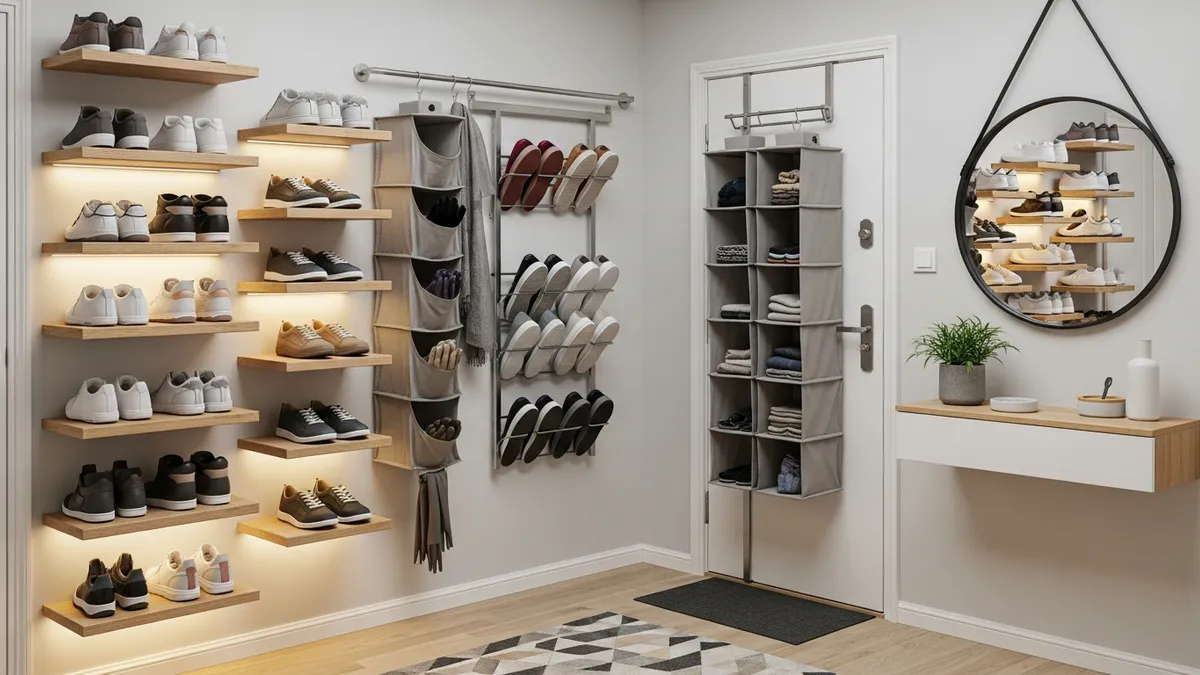 Wall-mounted shoe storage ideas for small space featuring floating shelves and door organizers