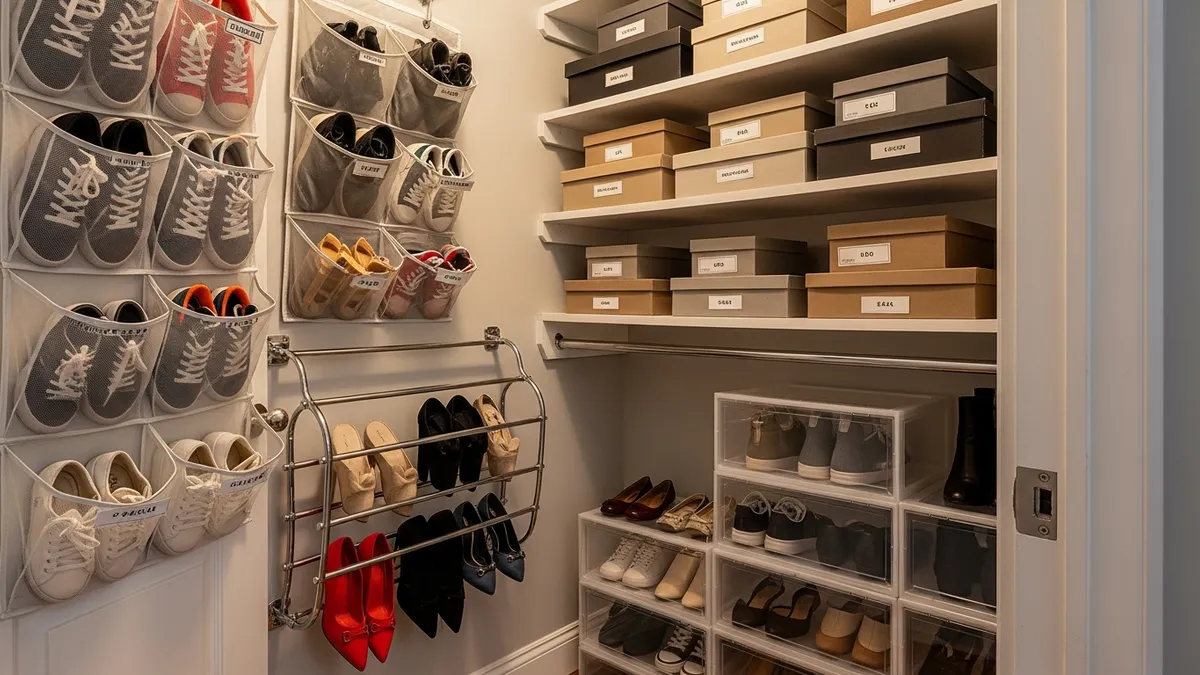 Small closet shoe organization featuring hanging organizers and door-mounted storage solutions