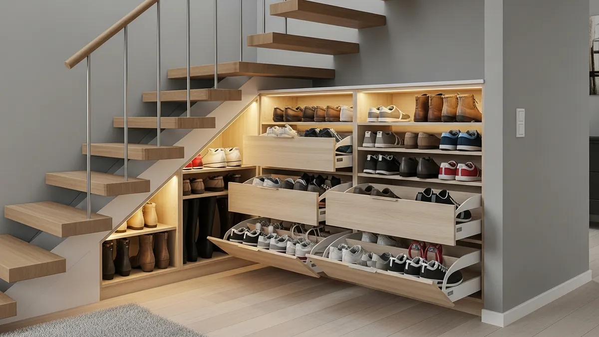 Under stairs shoe storage ideas showing pull-out drawers and built-in organization systems