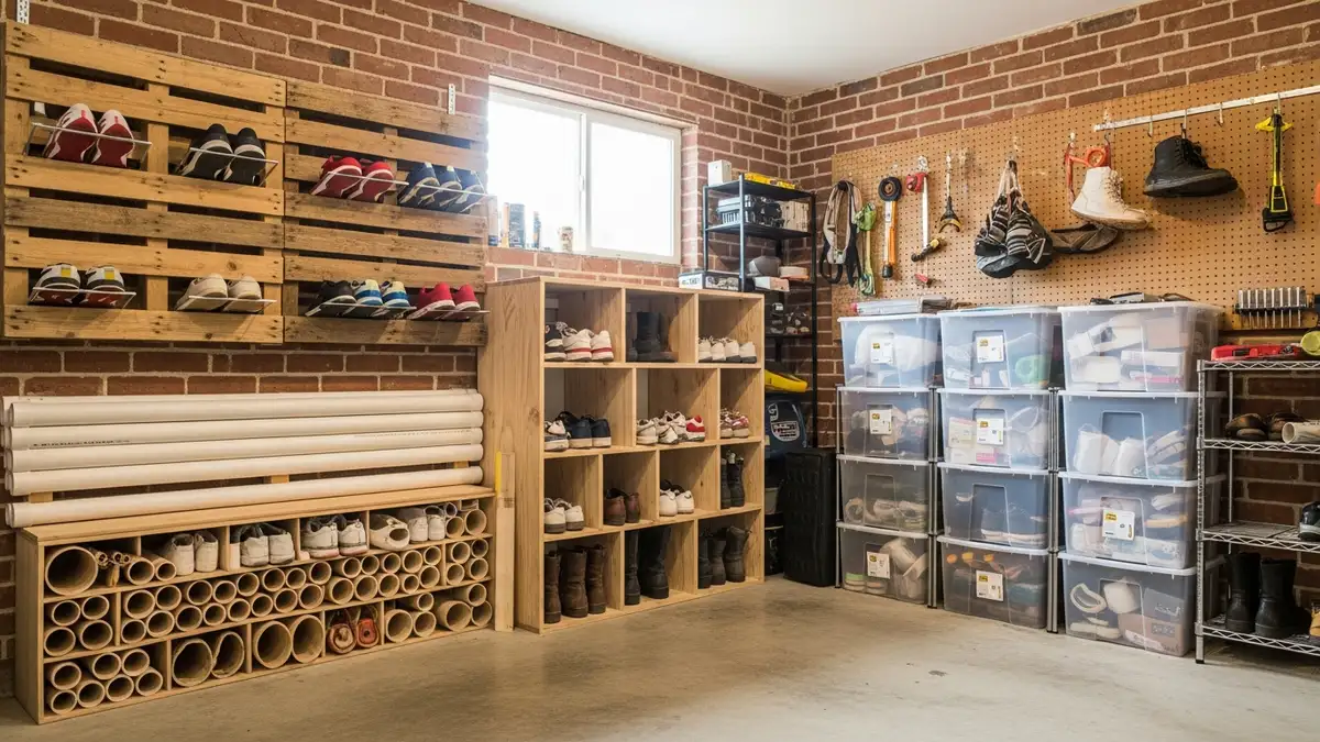 Creative DIY shoe storage solutions in garage using repurposed materials and custom organizers